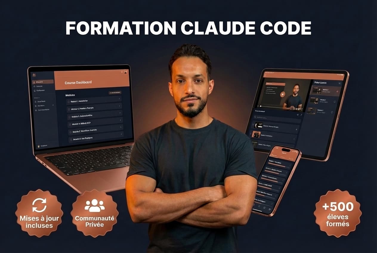 Mockup de la Formation Claude Code — 10 modules, communauté privée, mises à jour incluses, +500 élèves formés