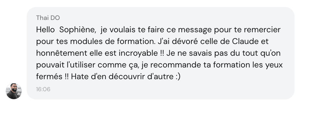 Témoignage de Thai DO — J'ai dévoré la formation Claude Code, elle est incroyable, je la recommande les yeux fermés